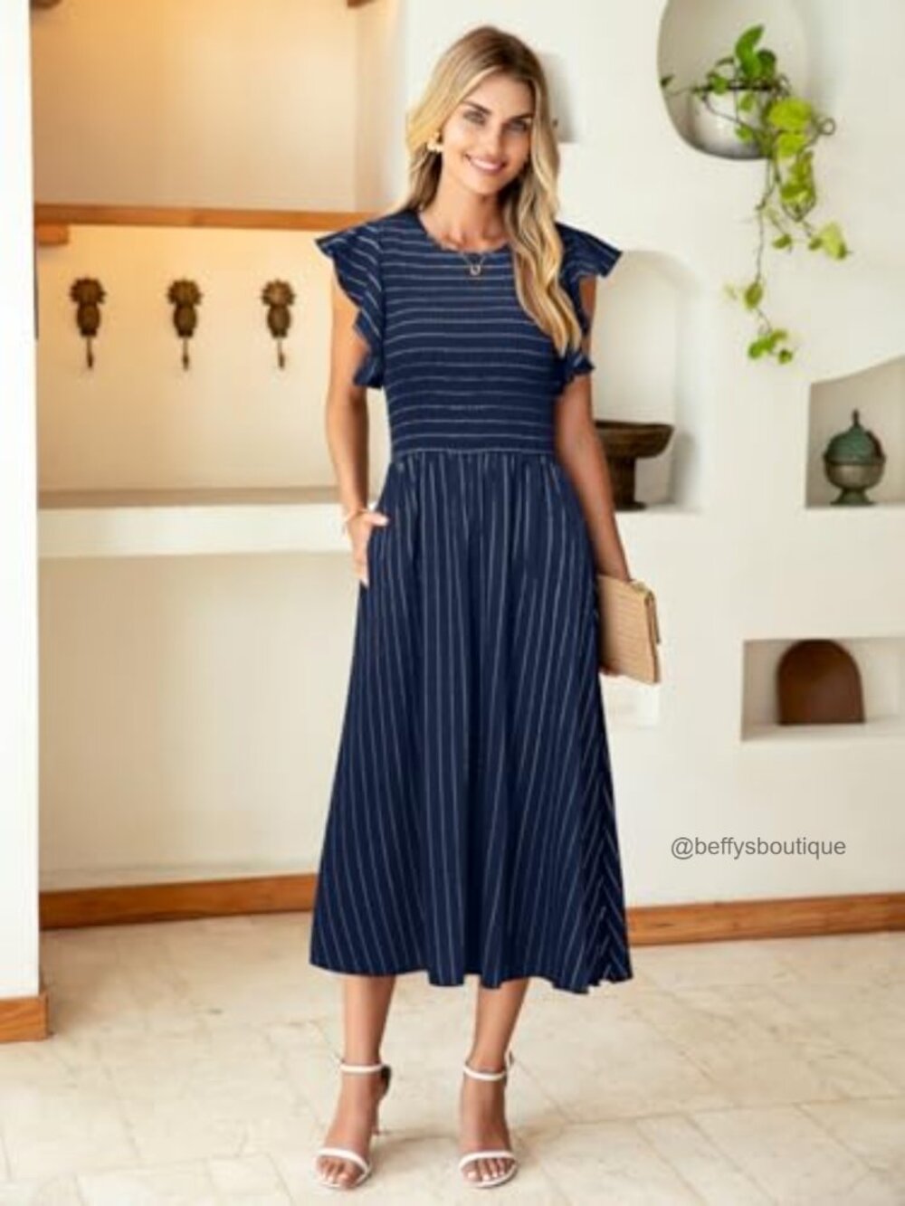 Linen Smocked Midi Dress with Pockets Flutter Sleeve Flowy Casual - Picture 4 of 7